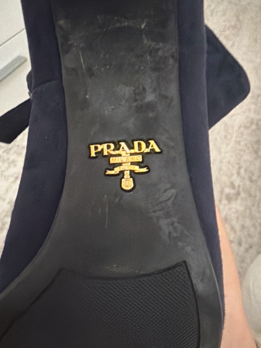 Prada Navy Suede Bow Heel with Gold Logo